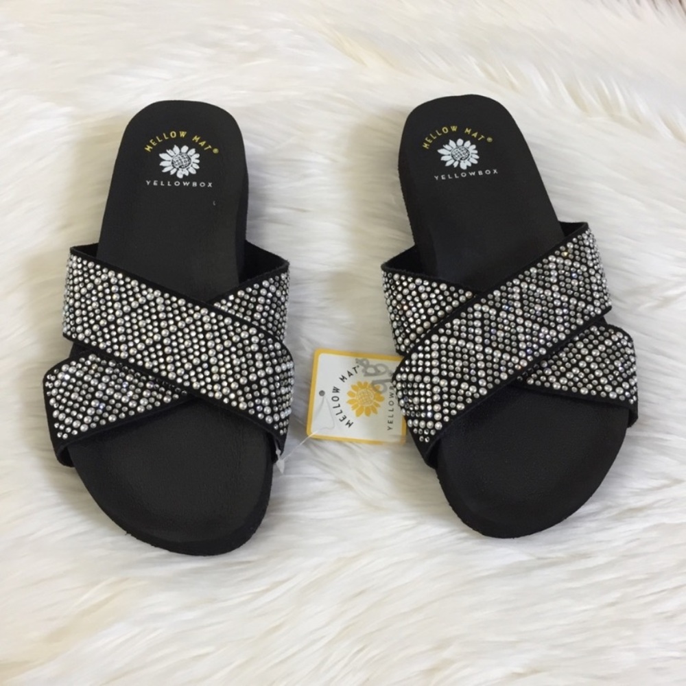 Yellow Mat Rhinestones Black Comfort Flats.